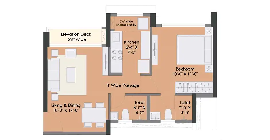 1 BHK Unit Layout Plan